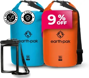Earth Pak Waterproof Dry Bag - Roll Top Waterproof Backpack Sack (Light Blue 55L & Orange 55L)