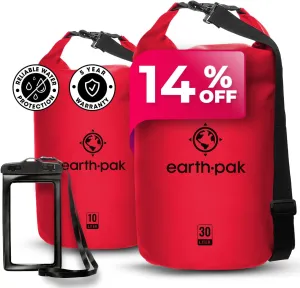 Earth Pak Waterproof Dry Bag - Roll Top Waterproof Backpack Sack (Red 30L & 10L)