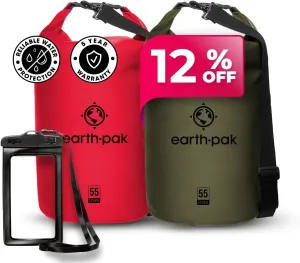 Earth Pak Waterproof Dry Bag - Roll Top Waterproof Backpack Sack Red 55L & Forest Green 55L