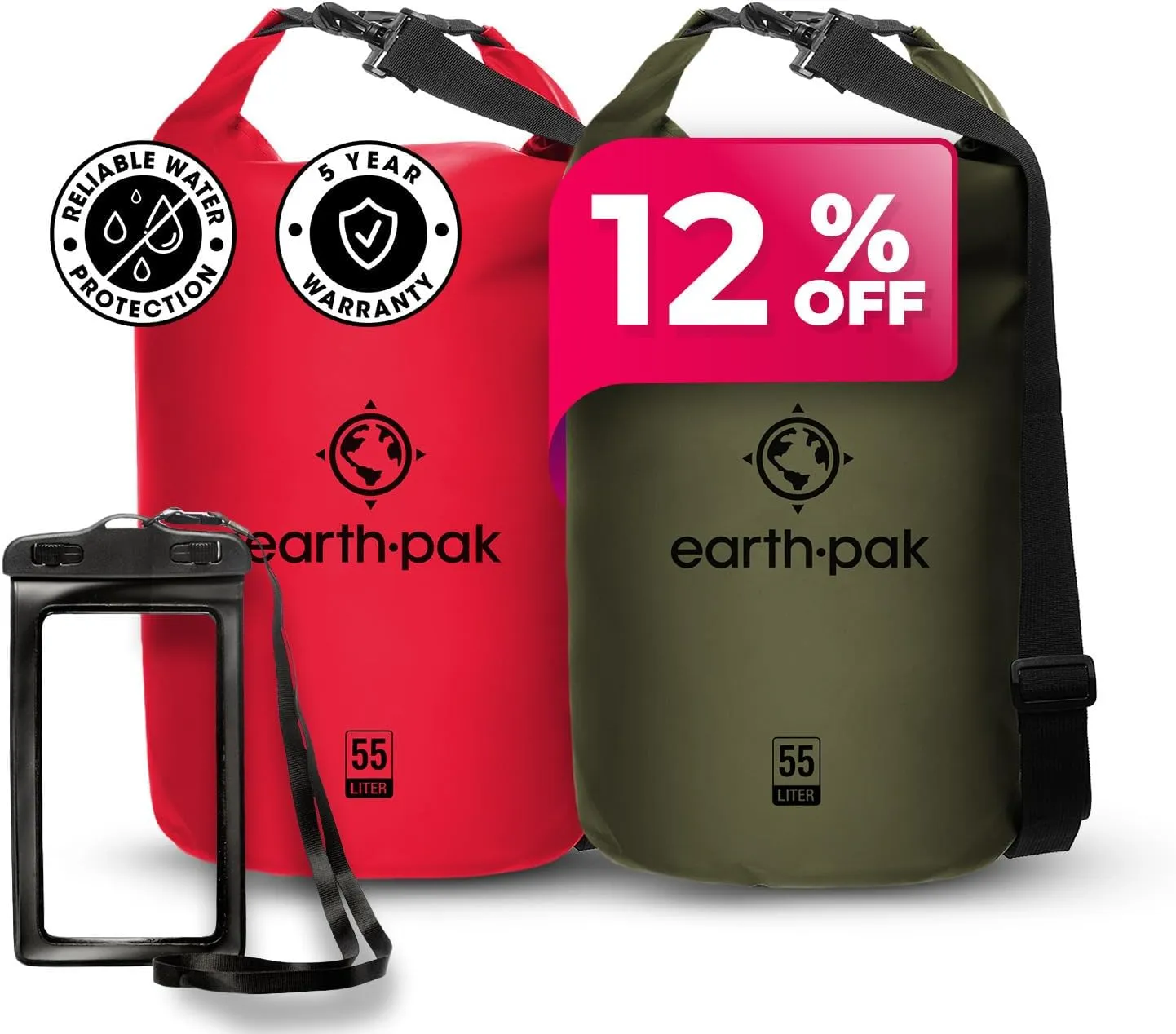 Earth Pak Waterproof Dry Bag - Roll Top Waterproof Backpack Sack Red 55L & Forest Green 55L
