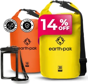 Earth Pak Waterproof Dry Bag - Roll Top Waterproof Backpack Sack (Yellow 30L & Orange 20L)