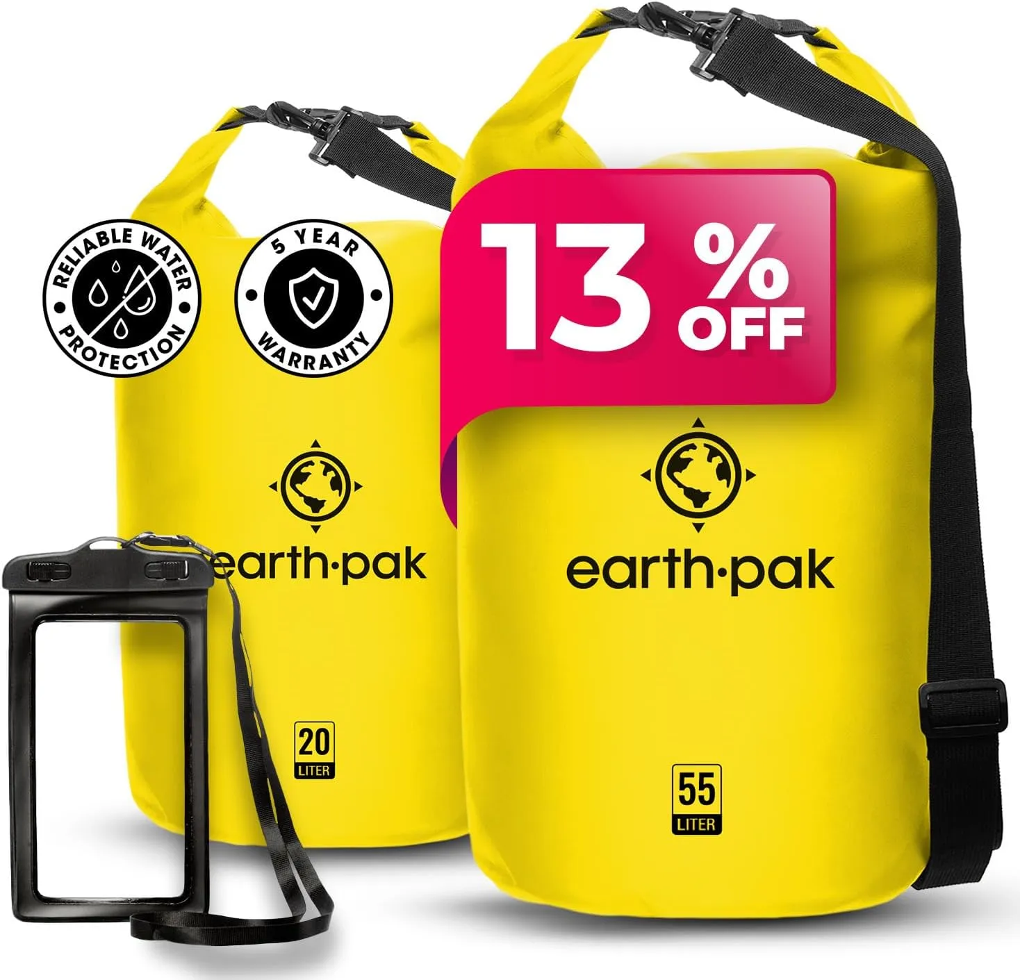 Earth Pak Waterproof Dry Bag - Roll Top Waterproof Backpack Sack (Yellow 55L & 20L)