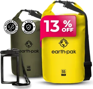 Earth Pak Waterproof Dry Bag - Roll Top Waterproof Backpack Sack Yellow 55L & Forest Green 40L