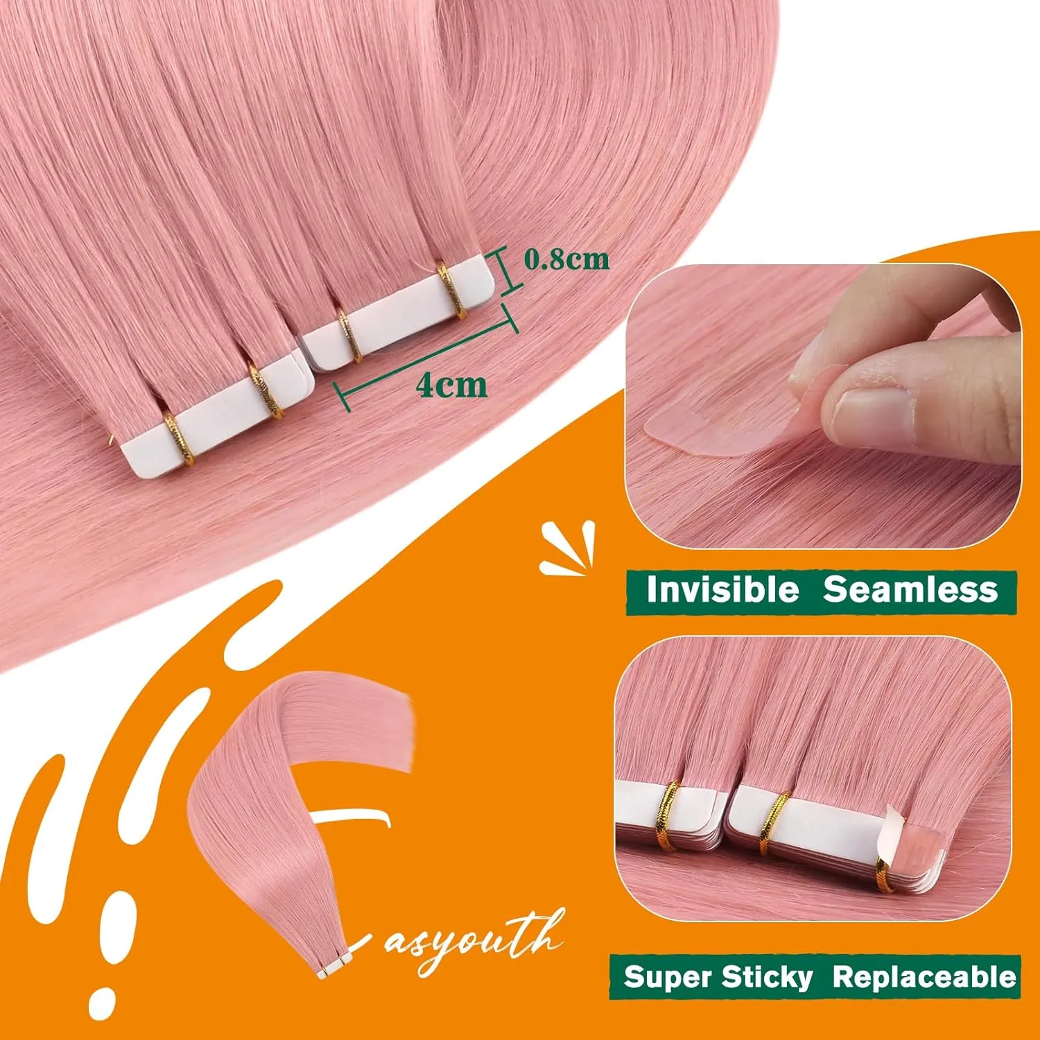 Easyouth Pink Hair Extensions - Remy Human Hair Hot Pink, Tape-in for Women, 20Inch, 20Pcs, 50g