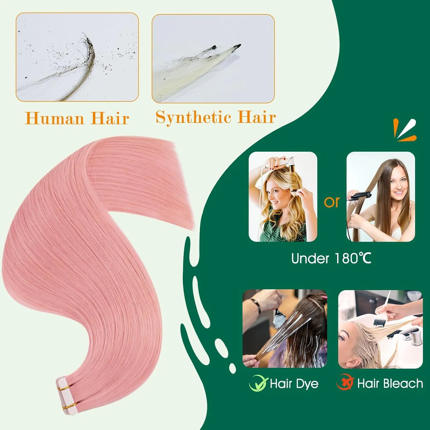 Easyouth Pink Hair Extensions - Remy Human Hair Hot Pink, Tape-in for Women, 20Inch, 20Pcs, 50g