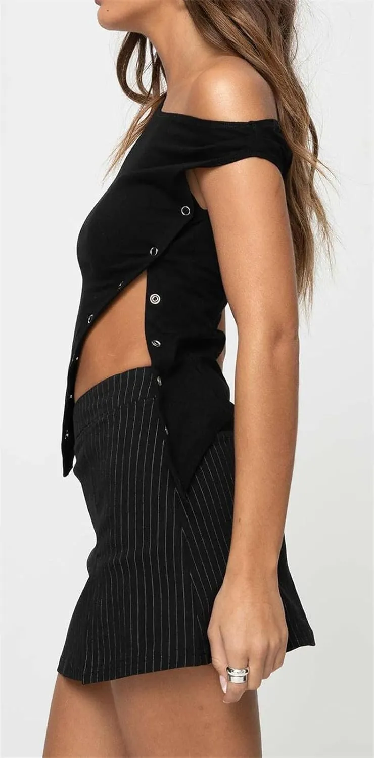 ECHOINE Women Sleeveless Button Down Shirt Sexy Crewneck Asymmetric Crop Tank Top