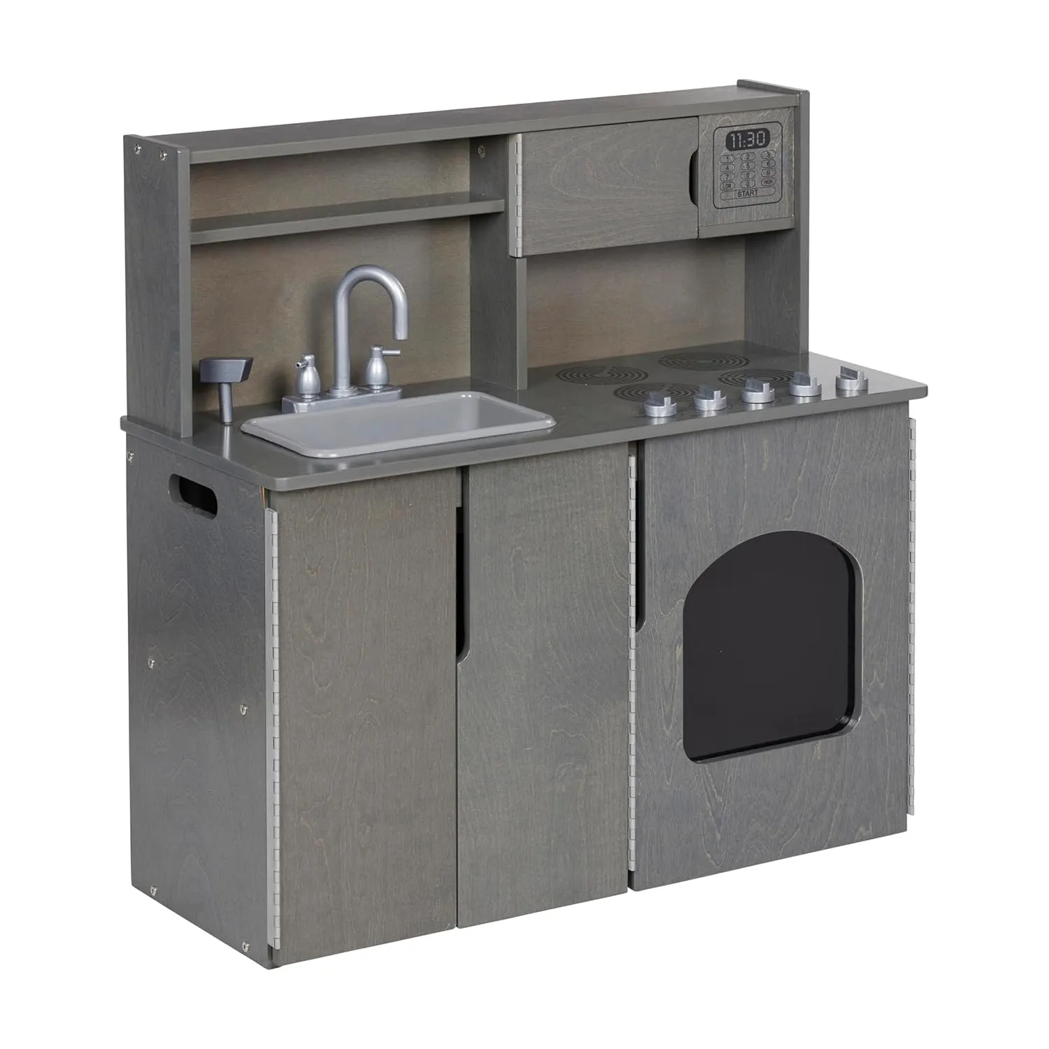 ECR4Kids 4-in-1 Kitchen, Sink, Stove, Oven, Microwave and Storage, Play Kitchen, Grey Wash