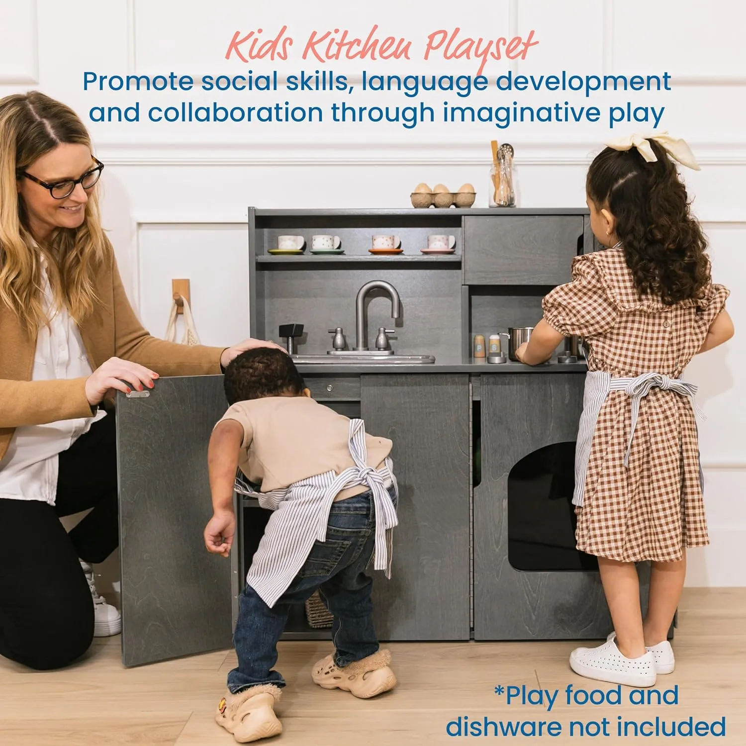 ECR4Kids 4-in-1 Kitchen, Sink, Stove, Oven, Microwave and Storage, Play Kitchen, Grey Wash