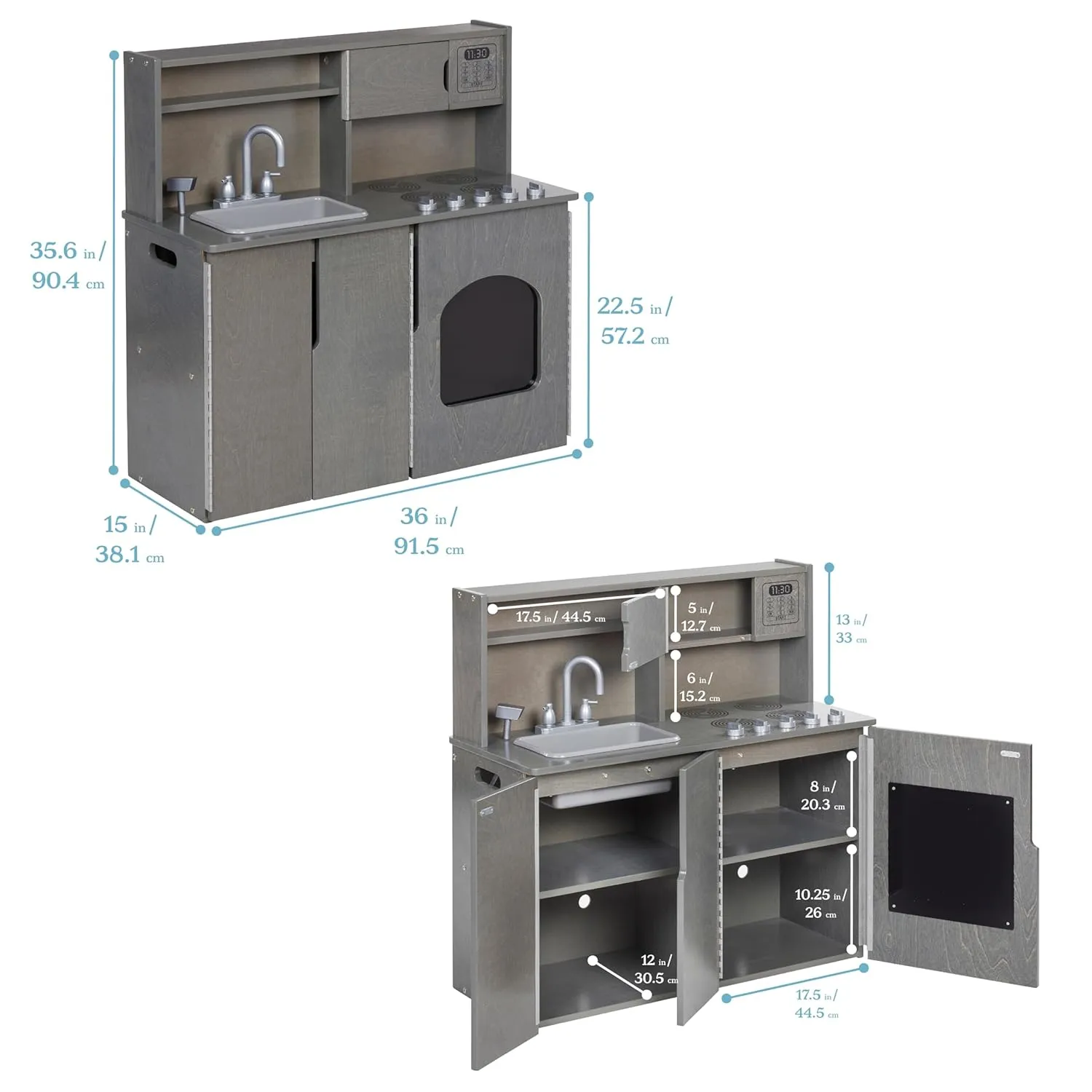 ECR4Kids 4-in-1 Kitchen, Sink, Stove, Oven, Microwave and Storage, Play Kitchen, Grey Wash