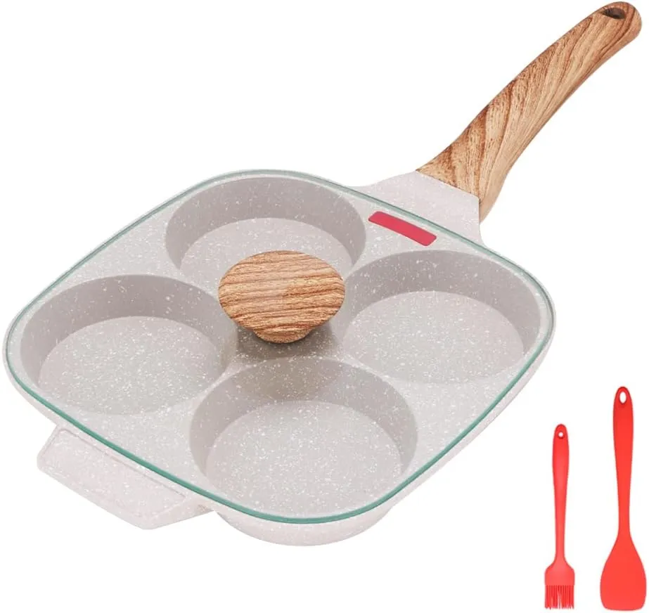Egg Pan, Egg Frying Pan with Lid Nonstick 4 Cups Pancake Pan Fried Egg Pan for Breakfast, Gas Stove & Induction Compatible (White)
