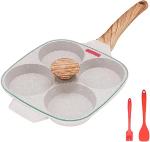 Egg Pan, Egg Frying Pan with Lid Nonstick 4 Cups Pancake Pan Fried Egg Pan for Breakfast, Gas Stove & Induction Compatible (White)