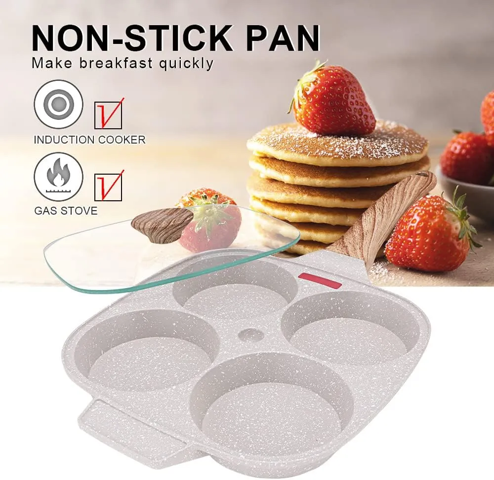 Egg Pan, Egg Frying Pan with Lid Nonstick 4 Cups Pancake Pan Fried Egg Pan for Breakfast, Gas Stove & Induction Compatible (White)
