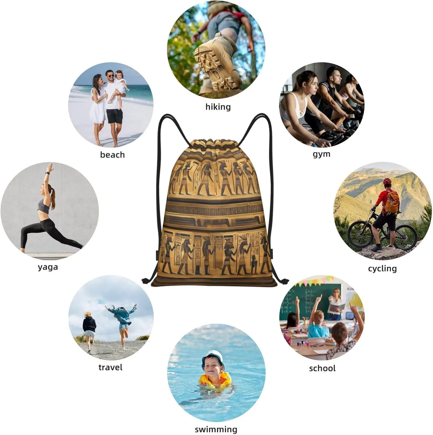 Egypt Hieroglyphics Waterproof Drawstring Gym Backpack Bag For Men&Women,Sport Gym Sack Travel Daypack,Personalized