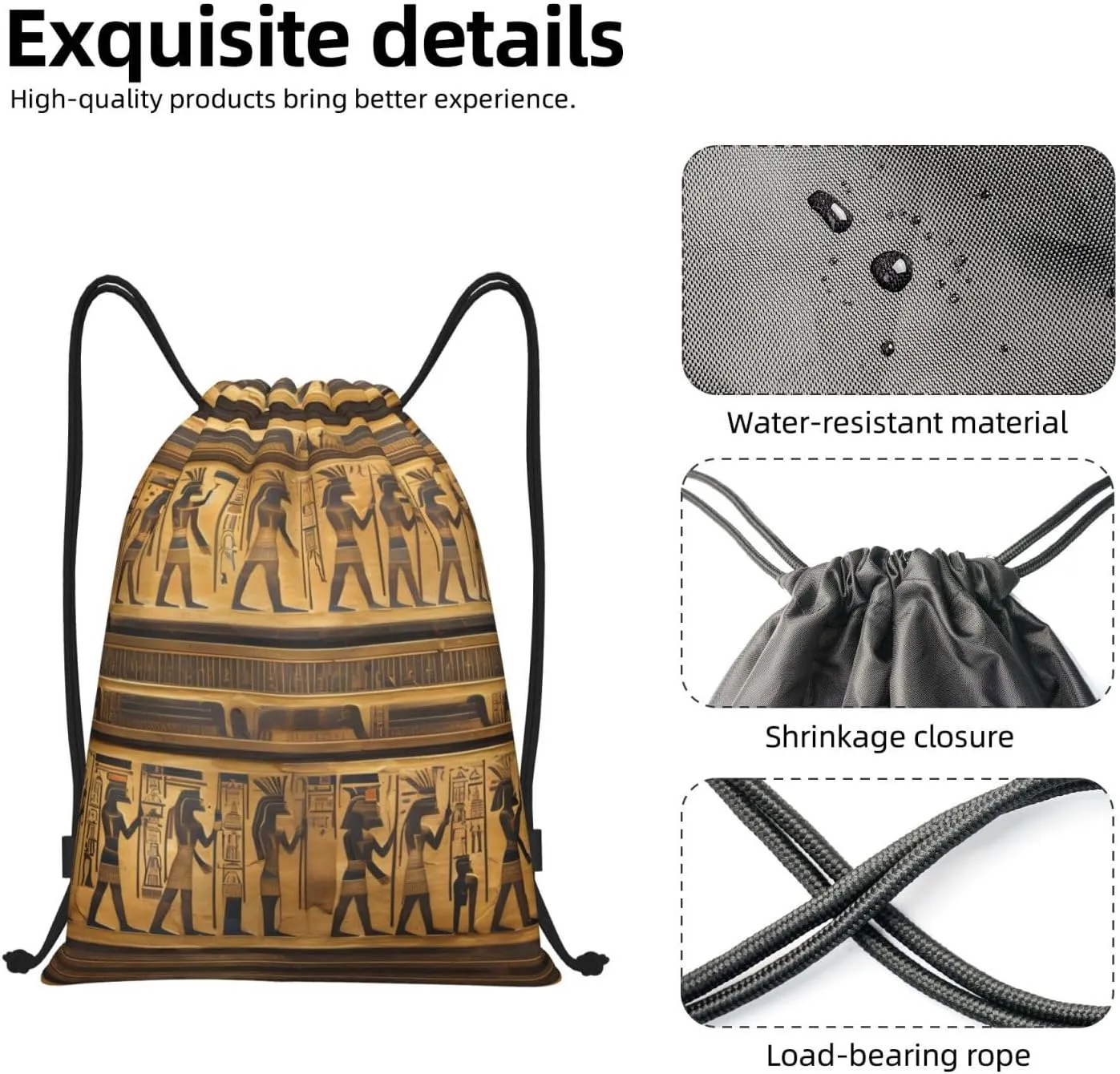 Egypt Hieroglyphics Waterproof Drawstring Gym Backpack Bag For Men&Women,Sport Gym Sack Travel Daypack,Personalized