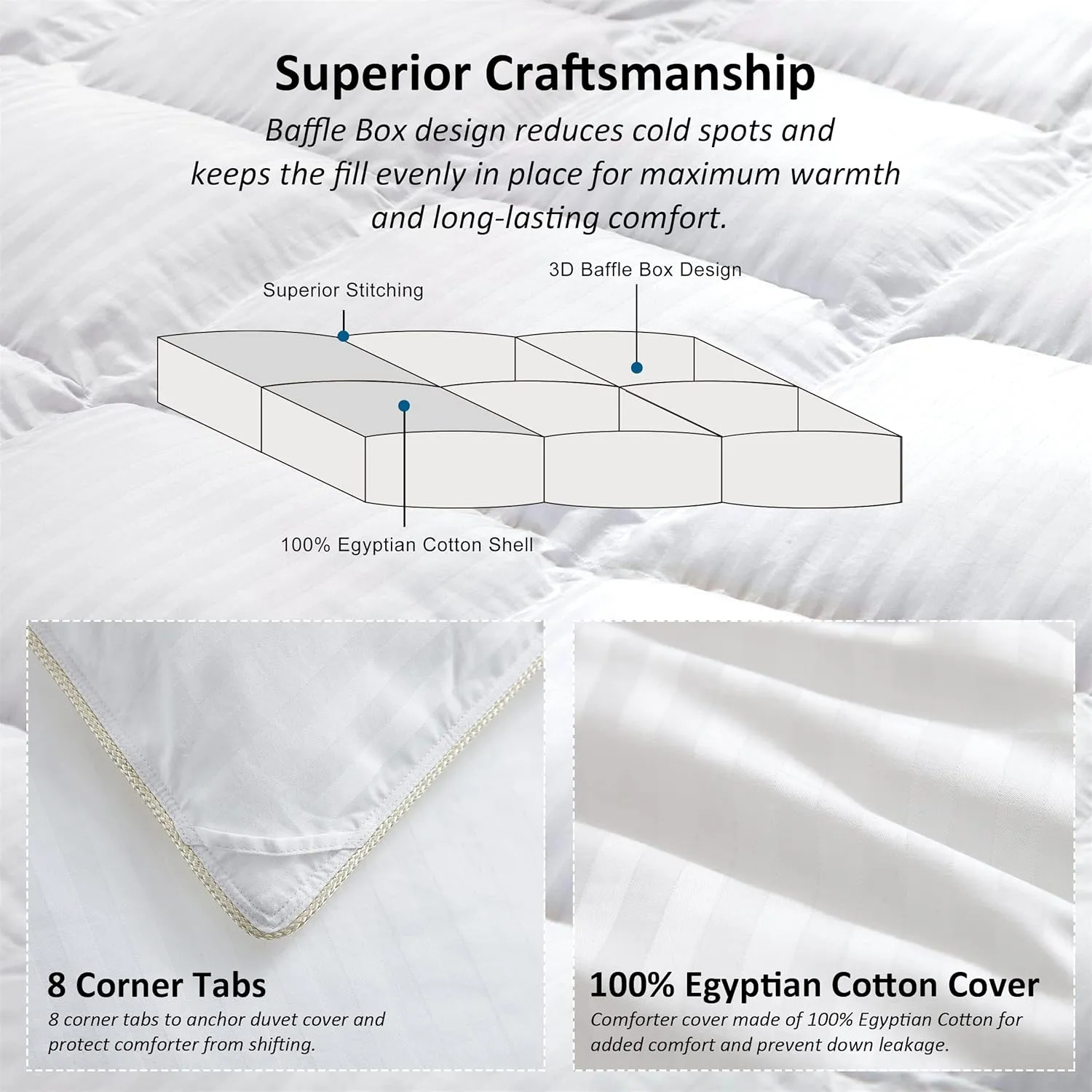 Egyptian Cotton Factory Outlet Store Luxurious All-Season Goose Down Comforter Duvet Insert, Exquisite Queen White Stripe Design, 1200 Thread Count 100% Cotton Down Proof Fabric, 55 oz. Fill Weight