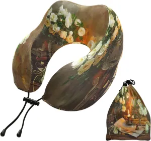 Eionryn Retro Flowers Candles Travel Pillow Memory Foam Neck Pillow with Travel Bag Soft for Headrest Sleep Airplane Car Travel Home,Office