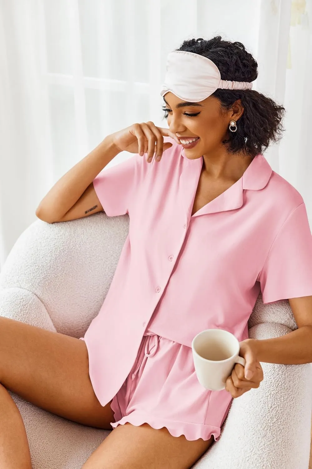 Ekouaer Pajamas Set for Women Short Sleeve Sleepwear Button Down Pjs Lounge Sets Soft Nightwear