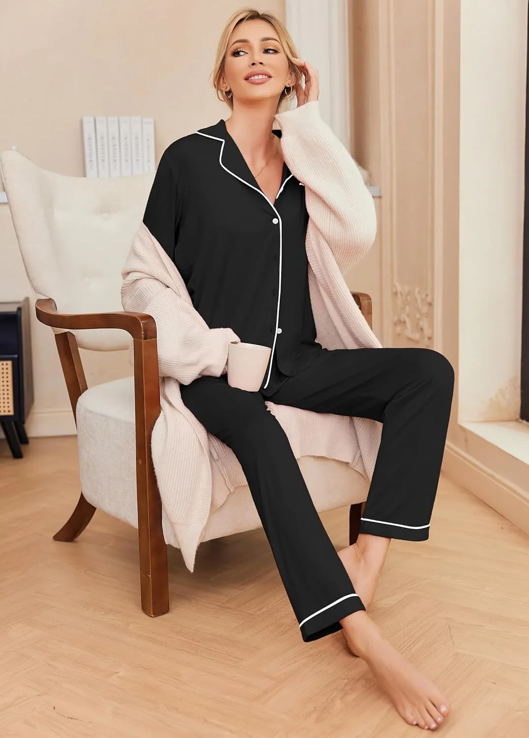 Ekouaer Pajamas Women's Long Sleeve Sleepwear Soft Button Down Loungewear Pjs Lounge Set Nightwear XS-XXL