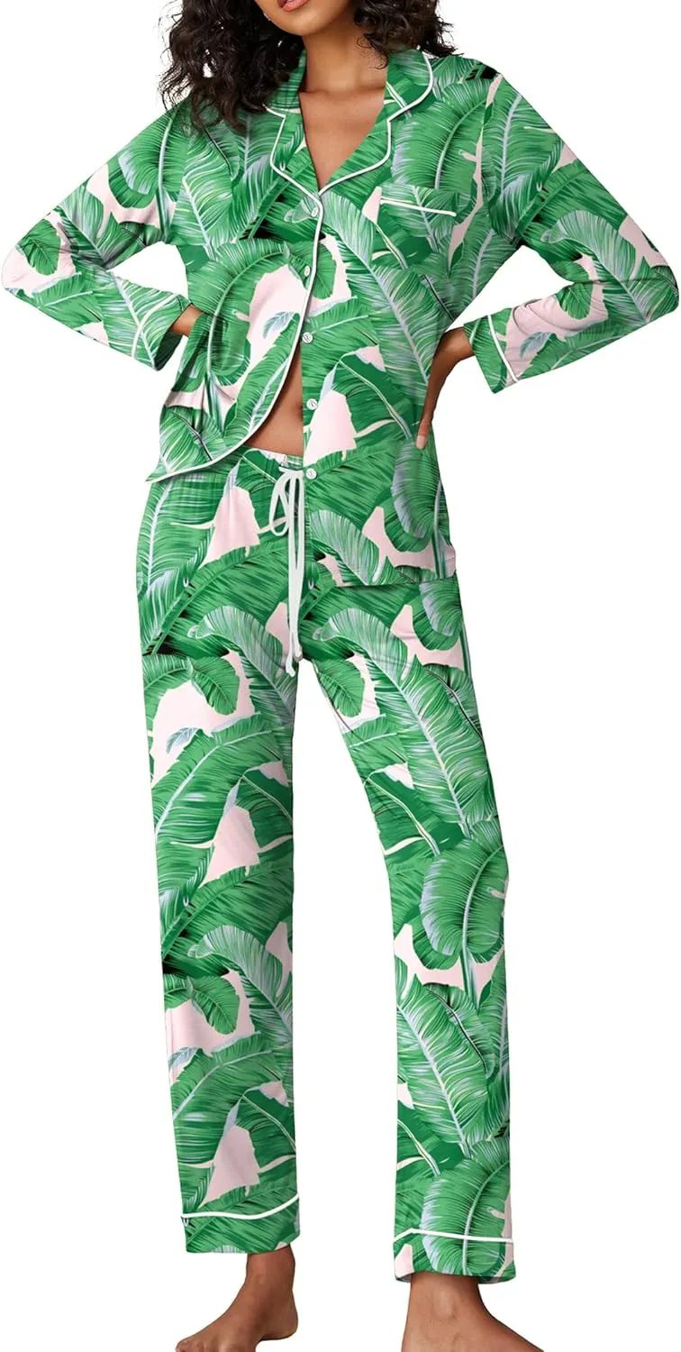 Ekouaer Pajamas Women's Long Sleeve Sleepwear Soft Button Down Loungewear Pjs Lounge Set Nightwear XS-XXL