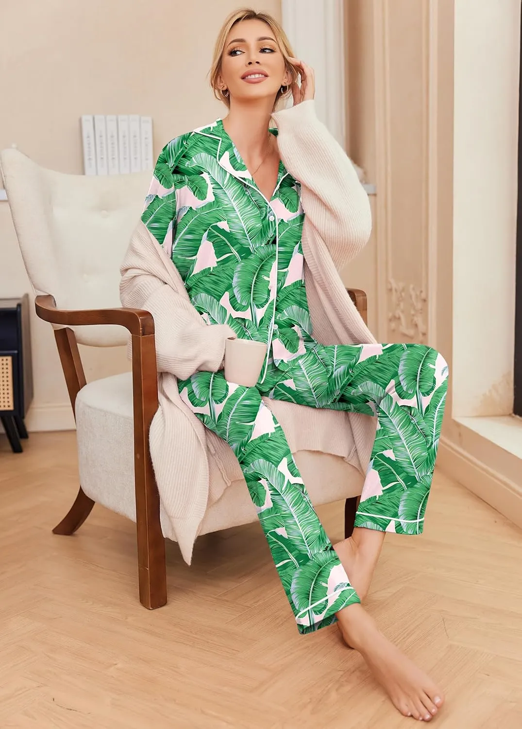Ekouaer Pajamas Women's Long Sleeve Sleepwear Soft Button Down Loungewear Pjs Lounge Set Nightwear XS-XXL