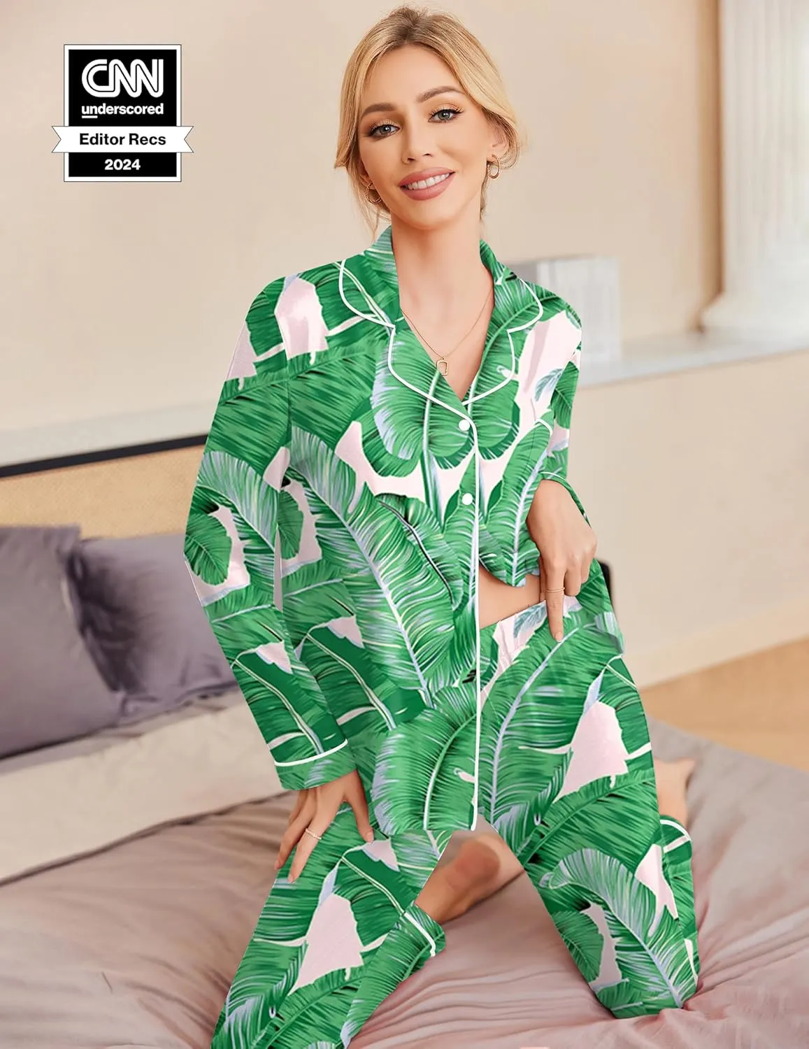 Ekouaer Pajamas Women's Long Sleeve Sleepwear Soft Button Down Loungewear Pjs Lounge Set Nightwear XS-XXL