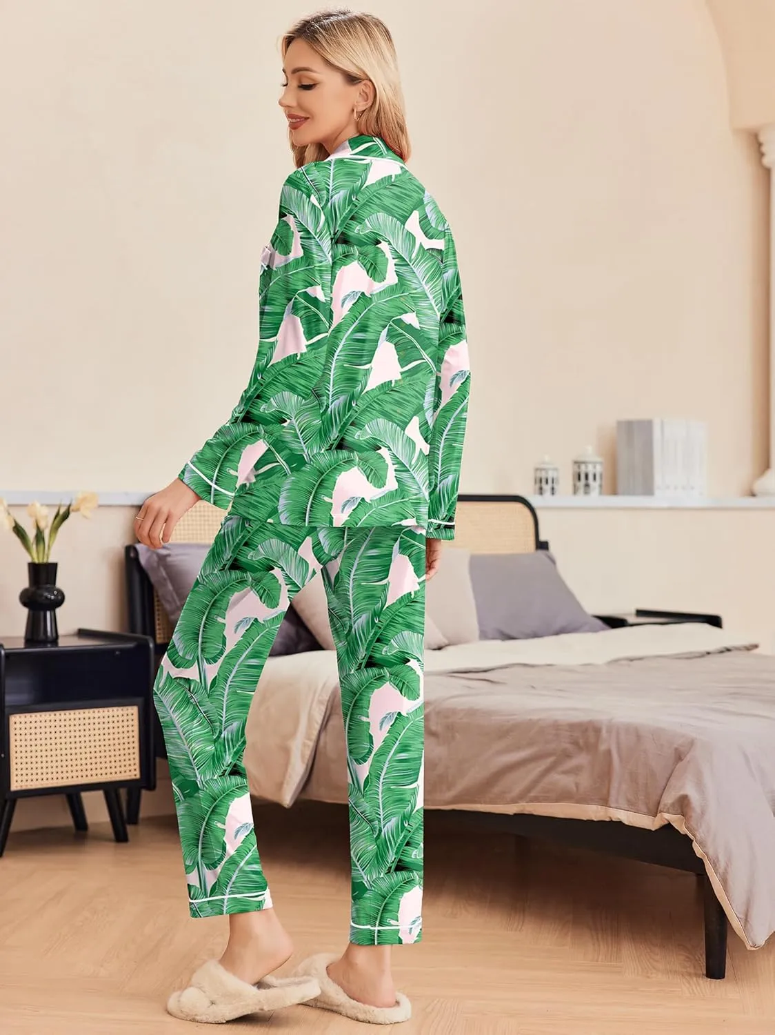 Ekouaer Pajamas Women's Long Sleeve Sleepwear Soft Button Down Loungewear Pjs Lounge Set Nightwear XS-XXL