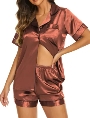 Ekouaer Silk Pajama Sets Womens 2 Piece Short Sleeve Sleepwear Soft Button Down Loungewear Satin Pjs Shorts Lounge Set S-XXL