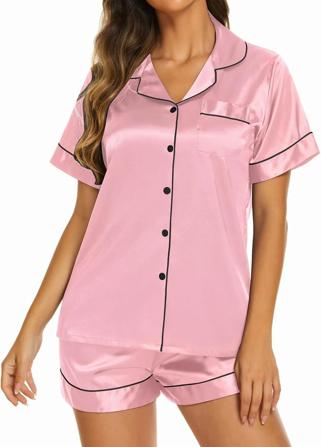 Ekouaer Silk Pajama Sets Womens 2 Piece Short Sleeve Sleepwear Soft Button Down Loungewear Satin Pjs Shorts Lounge Set S-XXL