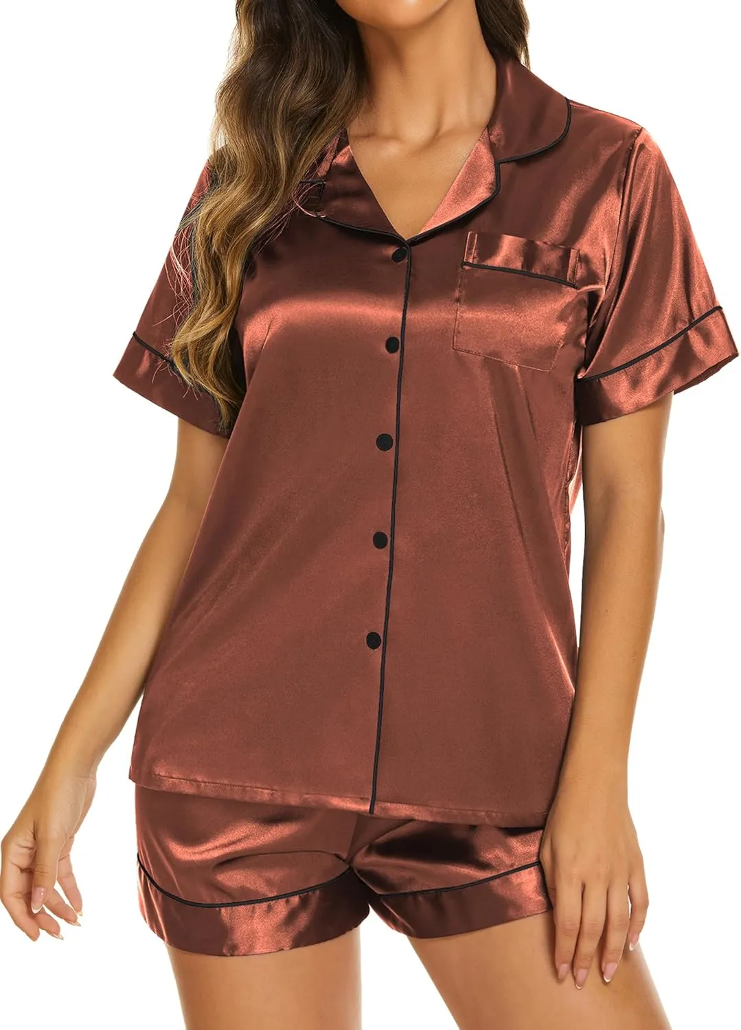 Ekouaer Silk Pajama Sets Womens 2 Piece Short Sleeve Sleepwear Soft Button Down Loungewear Satin Pjs Shorts Lounge Set S-XXL