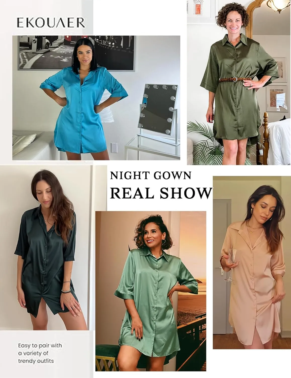 Ekouaer Women's Satin Nightshirt Button Down Sleepshirt Silk 3/4 Sleeve Nightgown Boyfriend Notch Collar Sleepwear S-3XL
