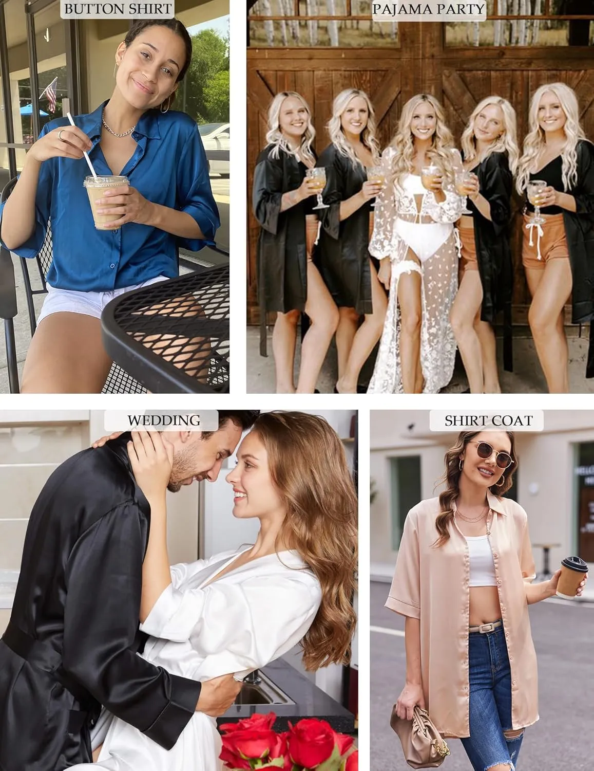 Ekouaer Women's Satin Nightshirt Button Down Sleepshirt Silk 3/4 Sleeve Nightgown Boyfriend Notch Collar Sleepwear S-3XL