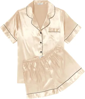 Ekouaer Womens Silk Satin Pajama Sets Soft Short Sleeve Button Down Sleepwear Top and Shorts 2 Piece Pjs Lounge Set S-XXL