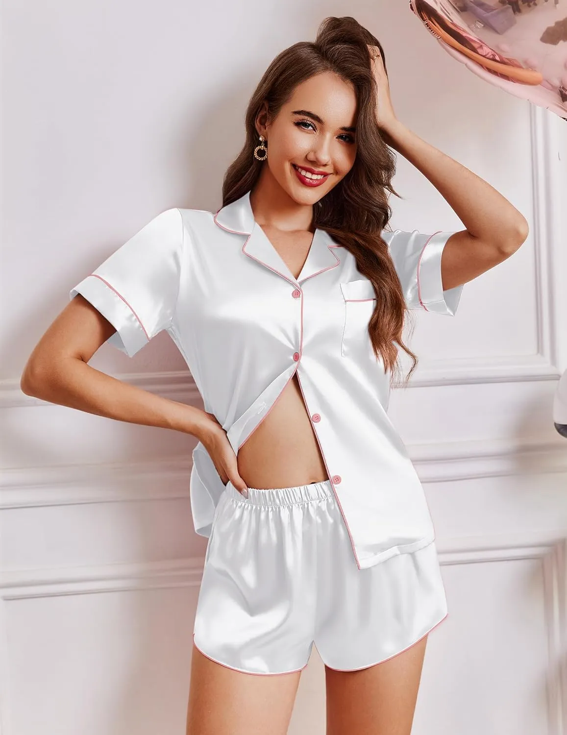 Ekouaer Womens Silk Satin Pajamas Short Sleeve Sleepwear Soft Button Down Loungewear 2 Piece PJS Shorts Set S-XXL