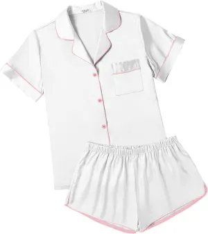 Ekouaer Womens Silk Satin Pajamas Short Sleeve Sleepwear Soft Button Down Loungewear 2 Piece PJS Shorts Set S-XXL