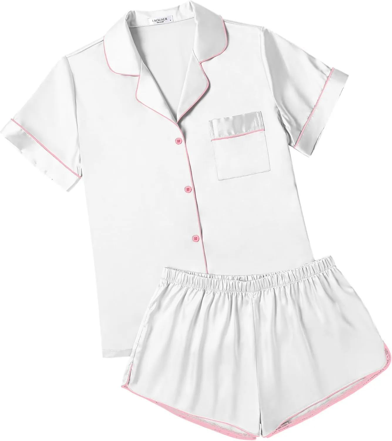 Ekouaer Womens Silk Satin Pajamas Short Sleeve Sleepwear Soft Button Down Loungewear 2 Piece PJS Shorts Set S-XXL