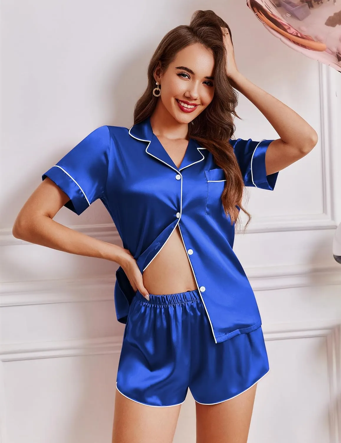 Ekouaer Womens Silk Satin Pajamas Short Sleeve Sleepwear Soft Button Down Loungewear 2 Piece PJS Shorts Set S-XXL