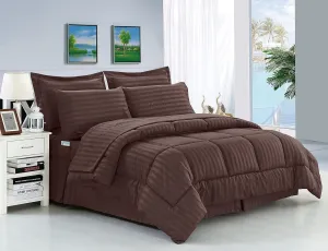 Elegant Comfort Wrinkle Resistant - Silky Soft Dobby Stripe Bed-in-a-Bag 8-Piece Comforter Set - King Chocolate