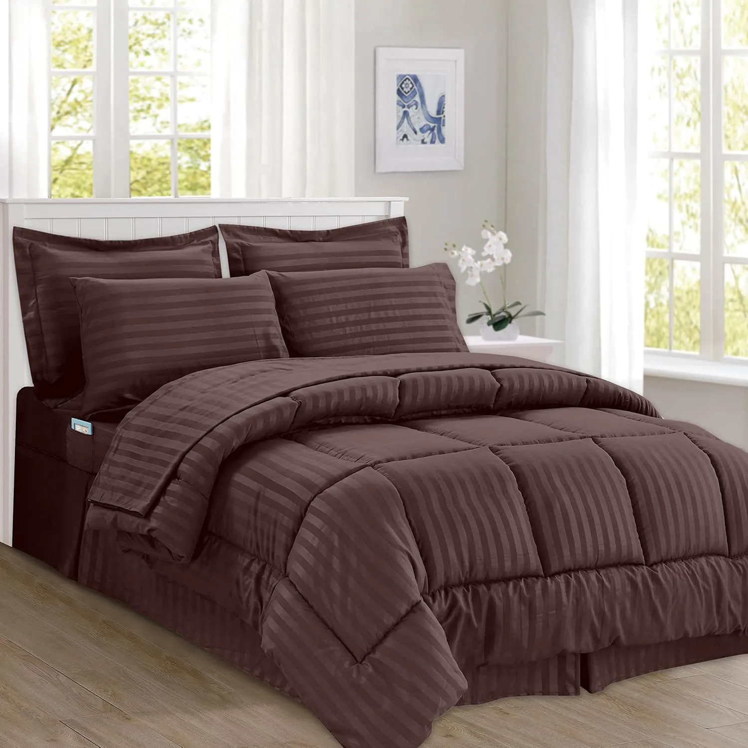 Elegant Comfort Wrinkle Resistant - Silky Soft Dobby Stripe Bed-in-a-Bag 8-Piece Comforter Set - King Chocolate