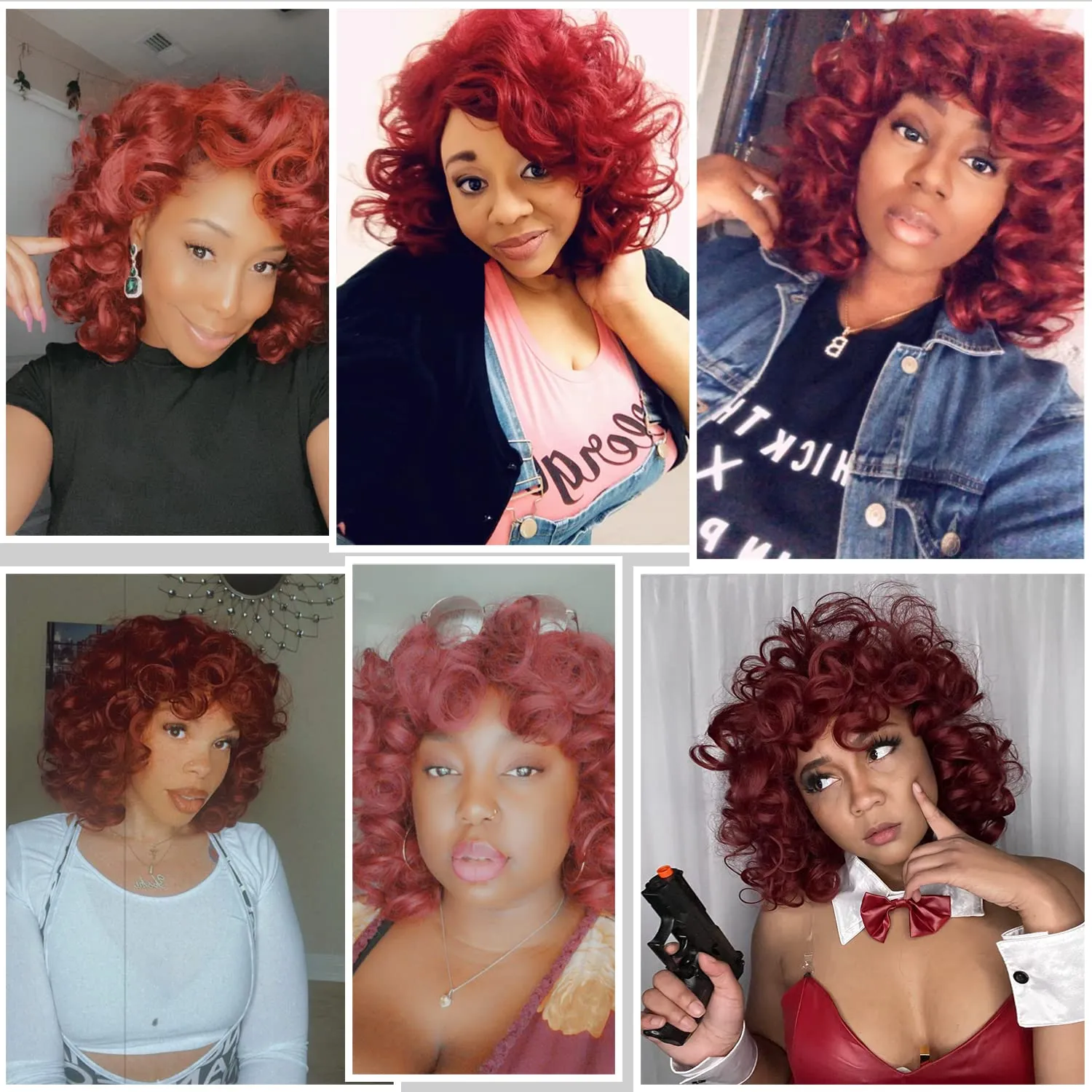 ELIM Curly Wigs for Black Women Burgundy Short Kinky Curly Red Wigs for Women Big Curly Afro Soft Wig with Bangs Heat Resistant Natural Cute Synthetic Wig with Accessories Z014F