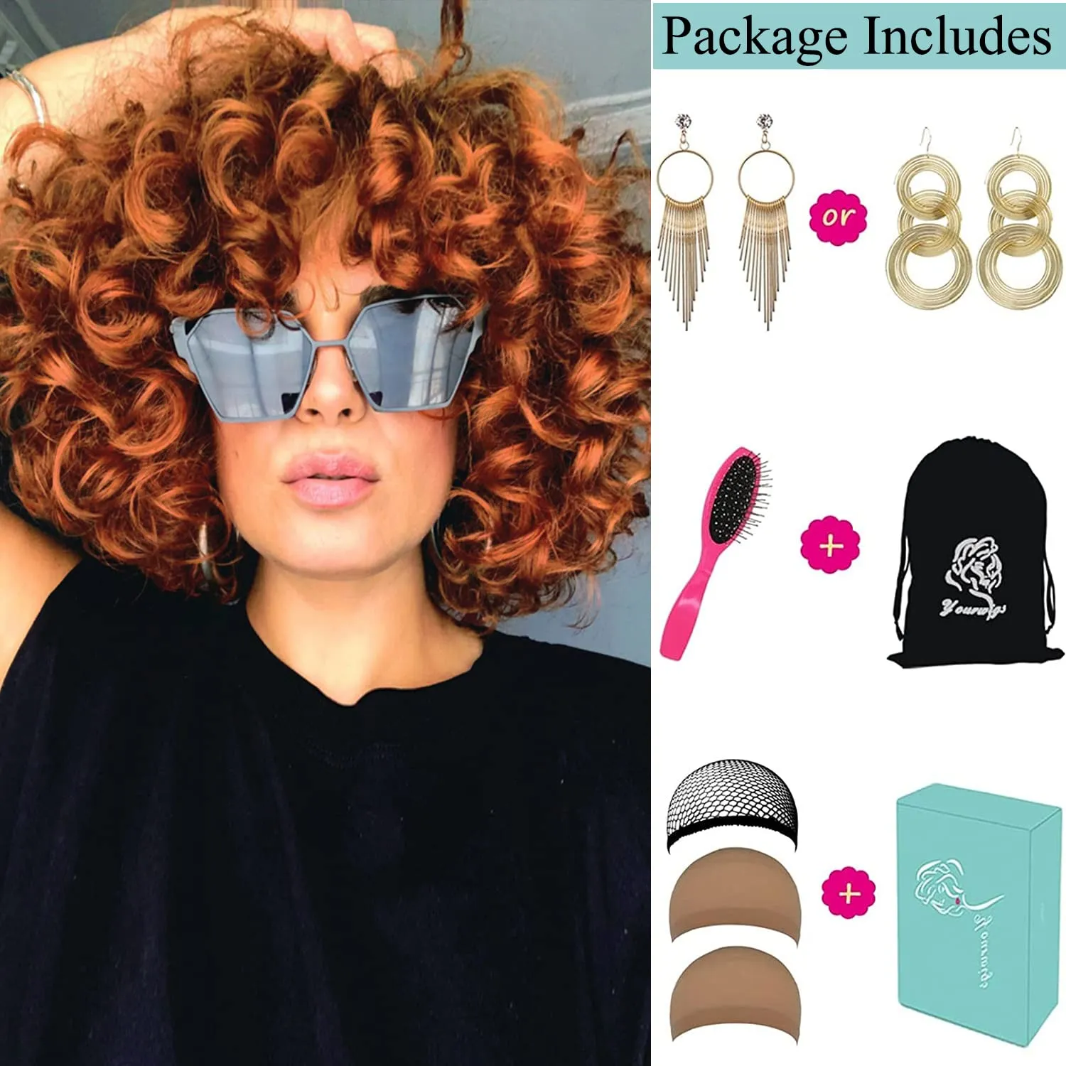 ELIM Synthetic Wig for Black Women - Ginger Short Kinky Curly Wig with Bangs, 14" Length, 250g Weight, Easy to Style, No-Hassle Return