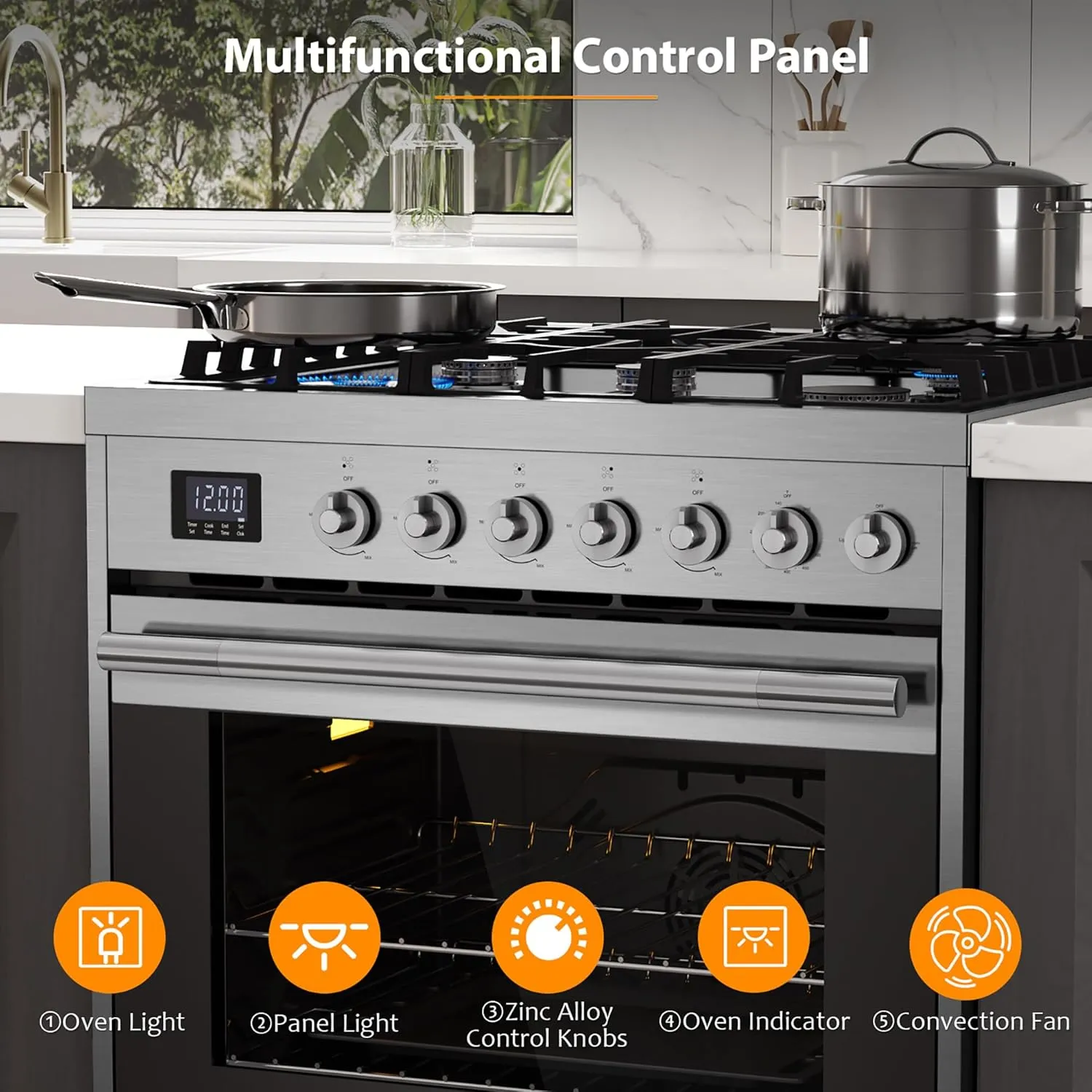 Empava Gas Range, Convection Oven 5.0 Cu. Ft with Touch Timer, 5 Deep Recessed Burners Cooktop, Heavy Duty Continuous Grates in Stainless Steel, Freestanding & Slide-in,30 Inch