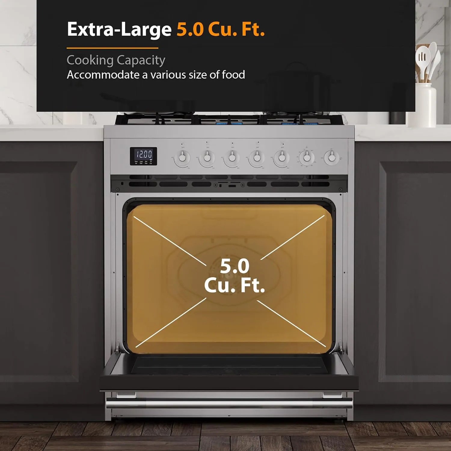 Empava Gas Range, Convection Oven 5.0 Cu. Ft with Touch Timer, 5 Deep Recessed Burners Cooktop, Heavy Duty Continuous Grates in Stainless Steel, Freestanding & Slide-in,30 Inch