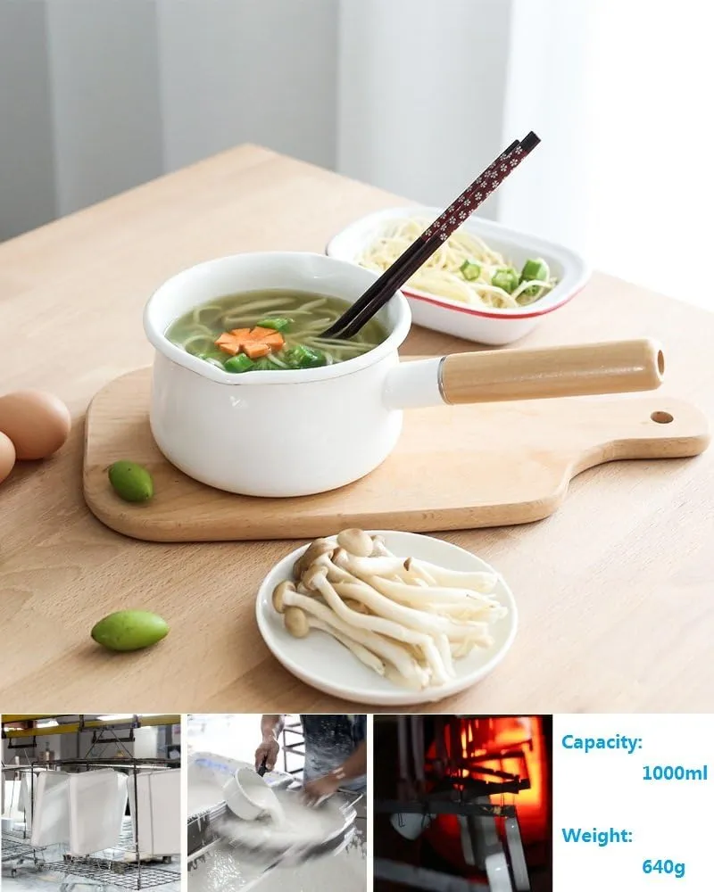 Enamel Milk Pan with Dual Pour Spout Butter Warmer Milk Pot for Stove Top Healthy White Enameled Inside Coating Iron 1QT Small Soup Pot with Wooden Handle (White)