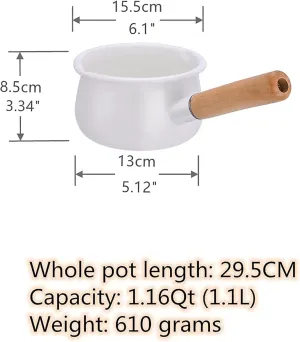 Enamel Milk Pan with Dual Pour Spout Butter Warmer Milk Pot for Stove Top Healthy White Enameled Inside Coating Iron 1QT Small Soup Pot with Wooden Handle (White)
