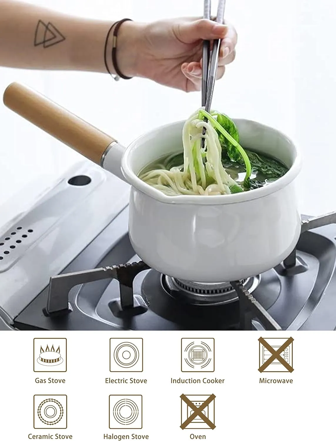 Enamel Milk Pan with Dual Pour Spout Butter Warmer Milk Pot for Stove Top Healthy White Enameled Inside Coating Iron 1QT Small Soup Pot with Wooden Handle (White)