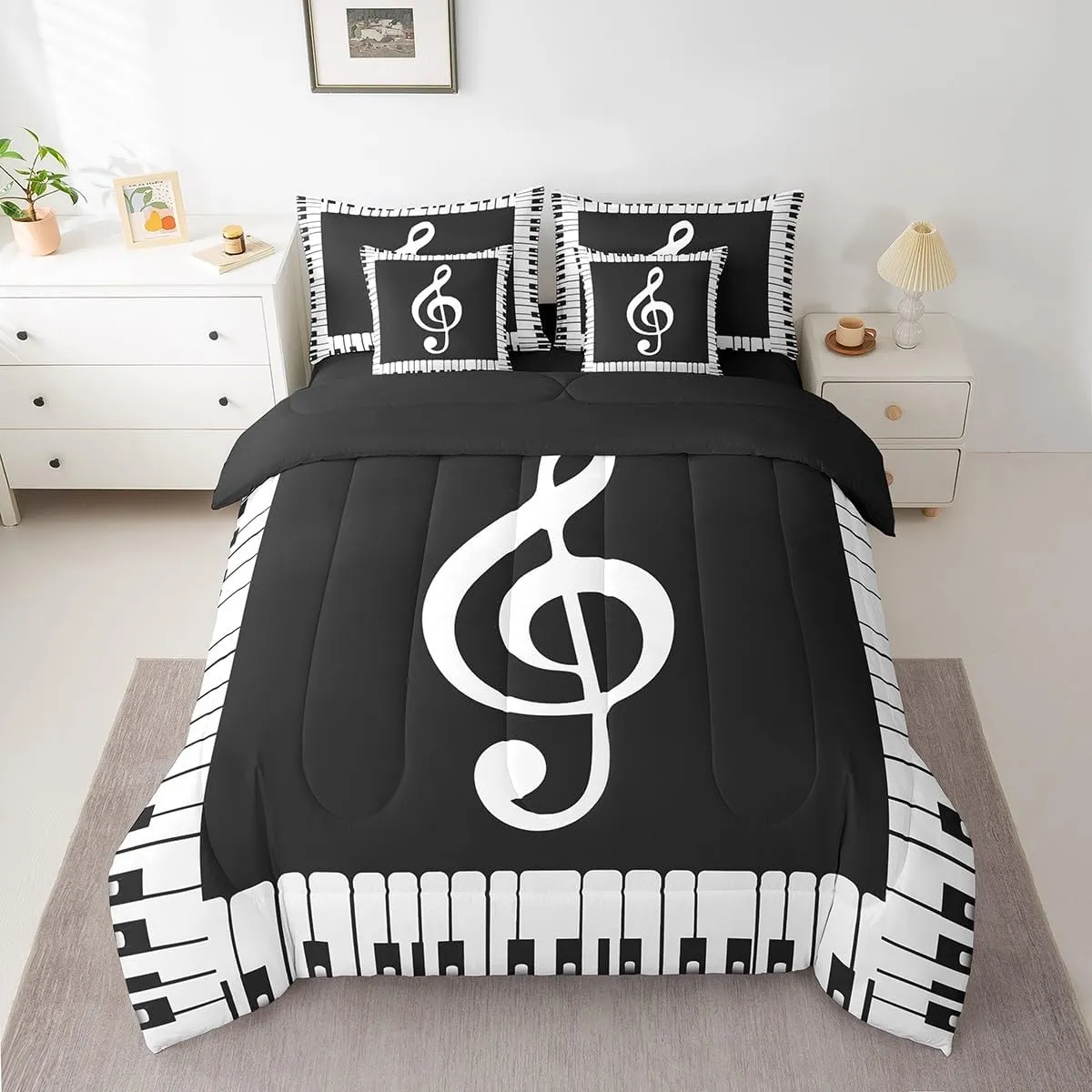 Erosebridal Music Comforter Set 7 Pieces Musical Note Bedding Set Kids Black and White Piano Notation Bed in A Bag Queen,Fashion Music Fans Sheet Set with Comforter Patchwork for Bedroom Decor