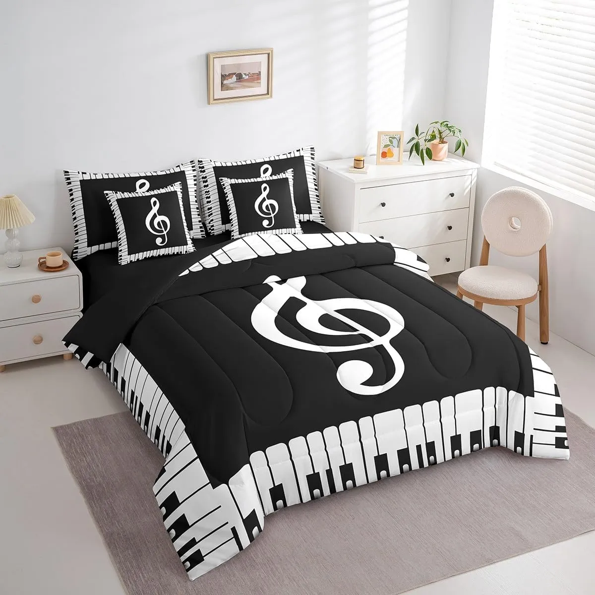 Erosebridal Music Comforter Set 7 Pieces Musical Note Bedding Set Kids Black and White Piano Notation Bed in A Bag Queen,Fashion Music Fans Sheet Set with Comforter Patchwork for Bedroom Decor