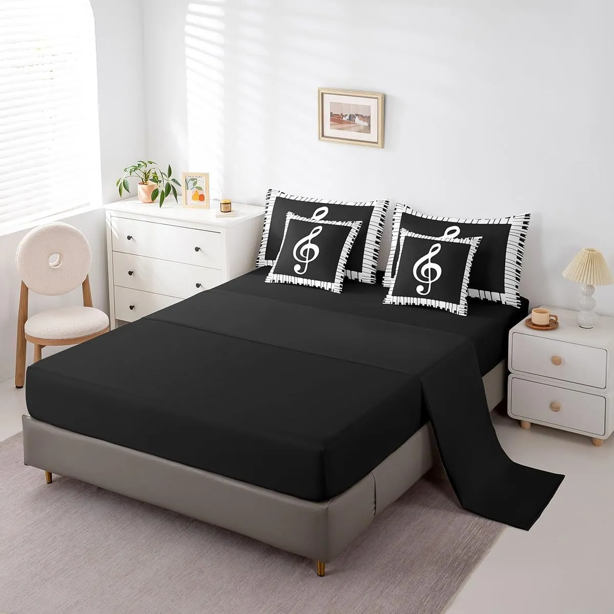 Erosebridal Music Comforter Set 7 Pieces Musical Note Bedding Set Kids Black and White Piano Notation Bed in A Bag Queen,Fashion Music Fans Sheet Set with Comforter Patchwork for Bedroom Decor