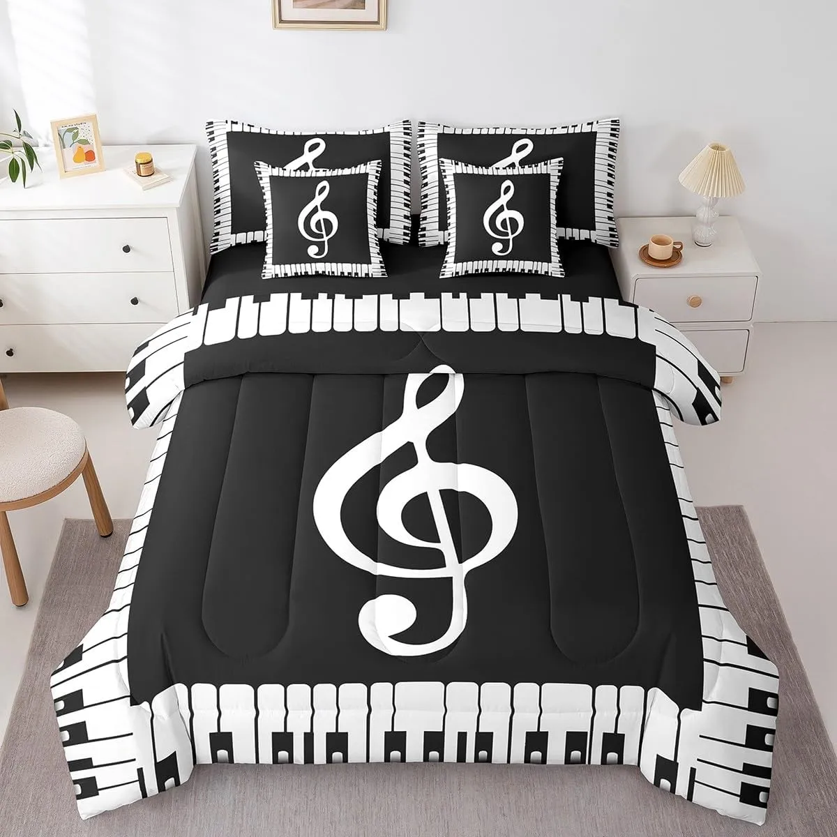 Erosebridal Music Comforter Set 7 Pieces Musical Note Bedding Set Kids Black and White Piano Notation Bed in A Bag Queen,Fashion Music Fans Sheet Set with Comforter Patchwork for Bedroom Decor