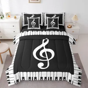 Erosebridal Music Comforter Set 7 Pieces Musical Note Bedding Set Kids Black and White Piano Notation Bed in A Bag Queen,Fashion Music Fans Sheet Set with Comforter Patchwork for Bedroom Decor